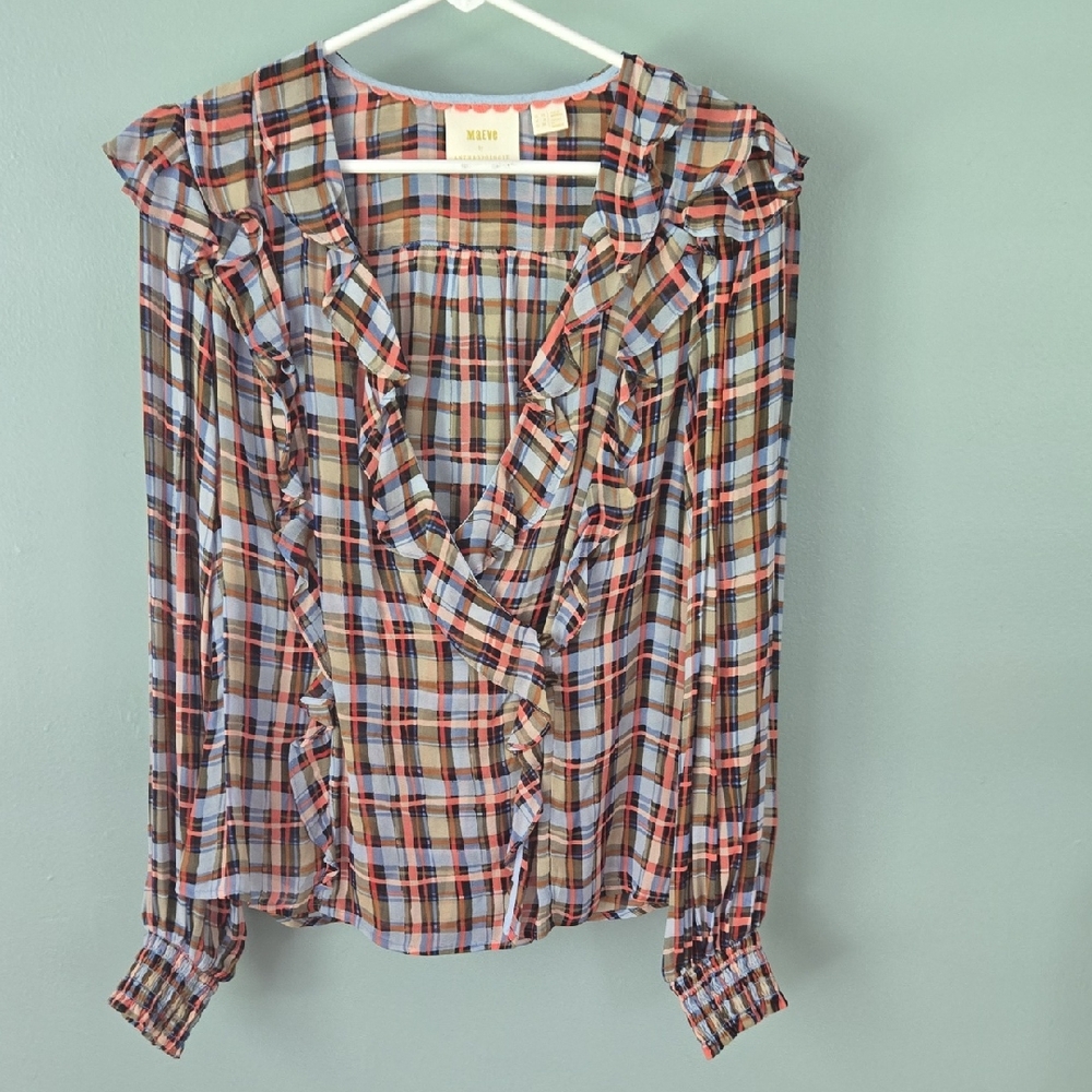 Maje Red and White Ruffled Blouse
